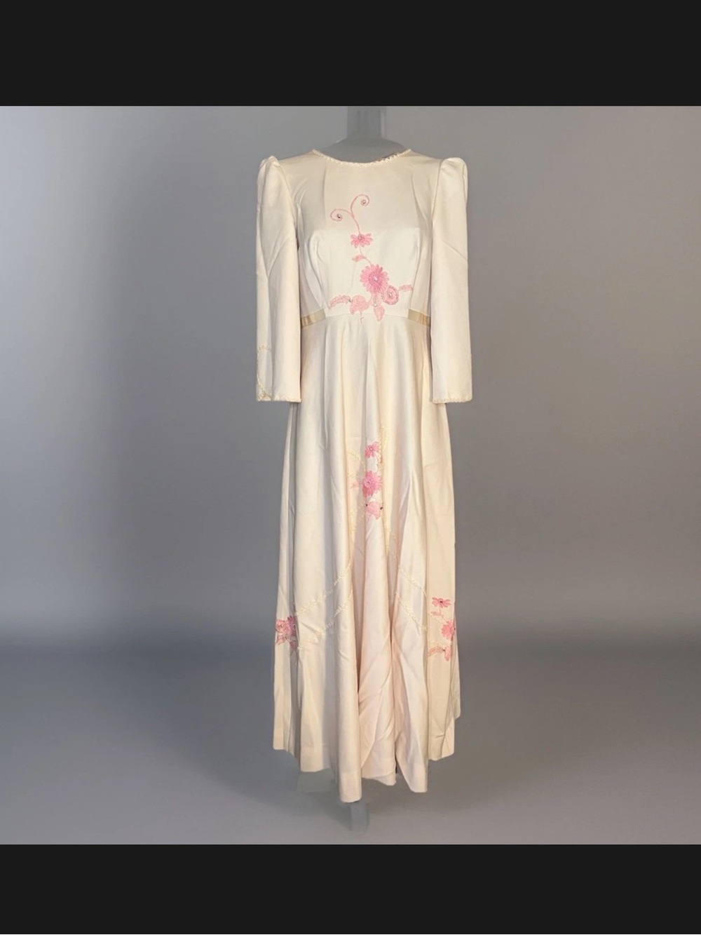 Vintage 60’s Ivory Long-Sleeve Dress with Pink Floral Embroidery